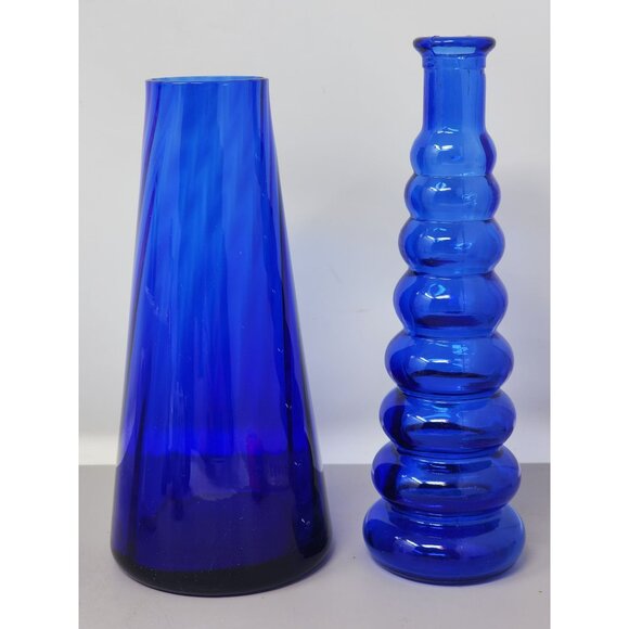 Vintage Cobalt Blue Glass Vase Set Decorative Ribbed & Cone Shapes Home‎ Décor - Picture 2 of 9